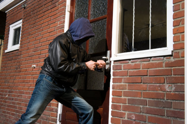 A burglar trying to get into a house by the backdoor